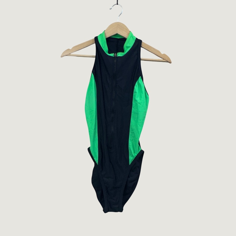 Sun Streak Newport News Swimsuit 10 Black Neon Green Zip Front Colorblock Sporty